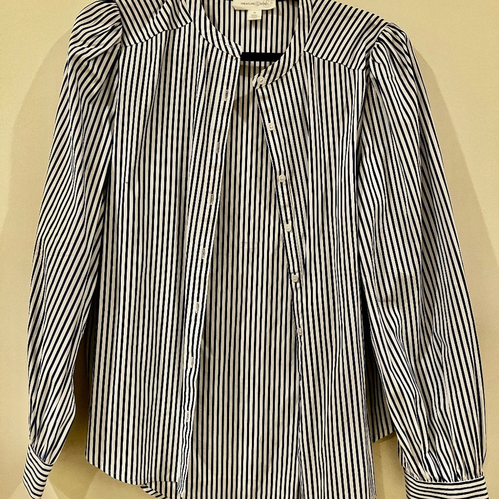 Nordstrom Treasure and Bond Crisp Puff Sleeve Blue White Striped Cotton Blouse